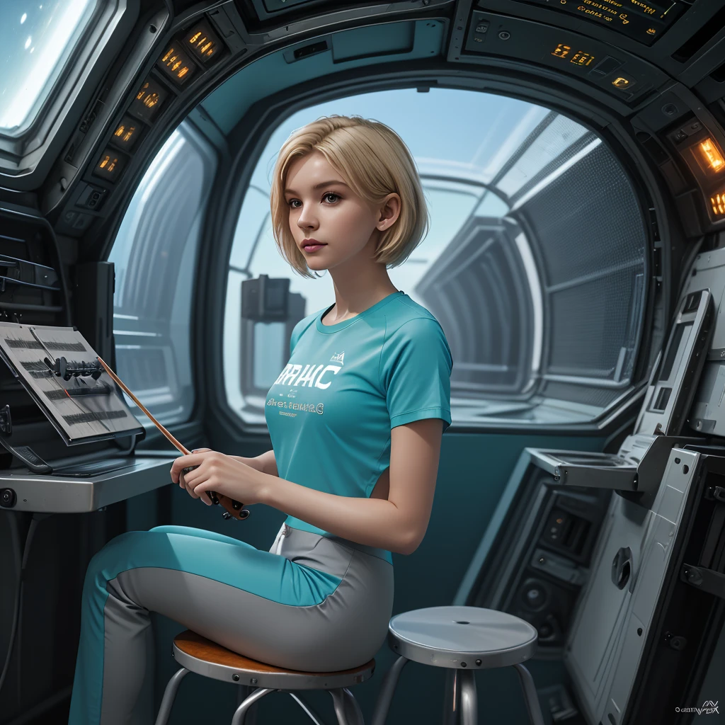 ((gorgeous realistic short hair blonde female in a realistic futuristic space station)), ((playing the violin)), ((sitting on a stool with display and glowing control surfaces)), she is wearing a teal and grey track suit, (photorealistic), (in light grey and teal T Shirt and slacks), (Style-Glass), (()), hdr, antialiased, 8k, ((syd mead)), sharp details, ((masterpiece)), (painterly), (good anatomy), (good proportions), (good composition), (dramapaint), (style-sylvamagic)
