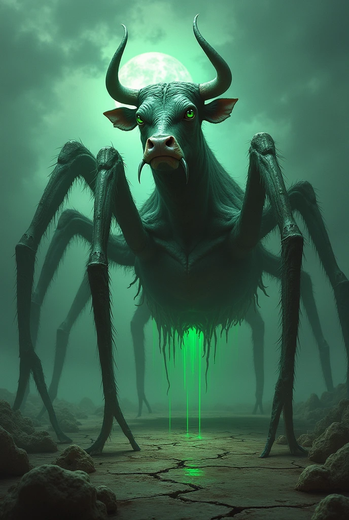 ((Bull ghost))Spider Demon,nail,Demon and cow face,Giant spider body、poison(Surrealism 1.3),(translucent,Reflex muscles)
