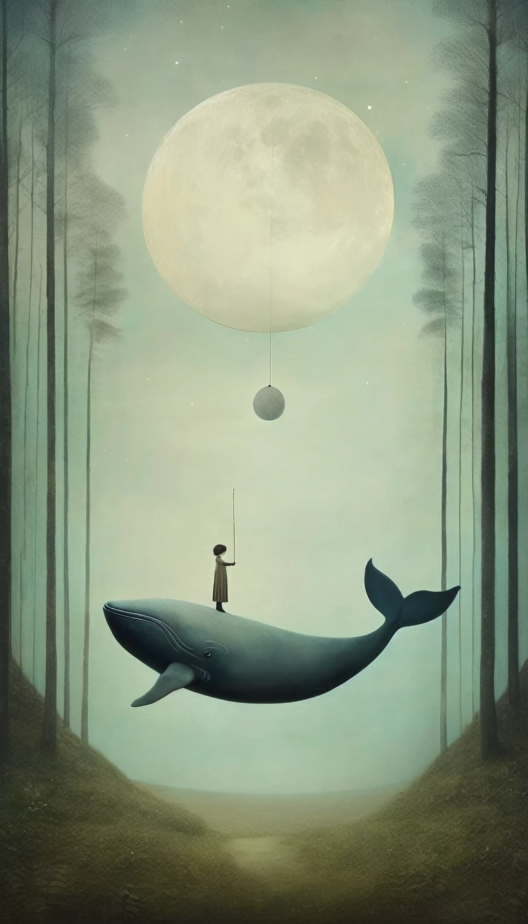masterpiece, best composition, Gabriel pacheco style photo,in the forest, big moon, slightly bluish, whale drifting in the air, silence.