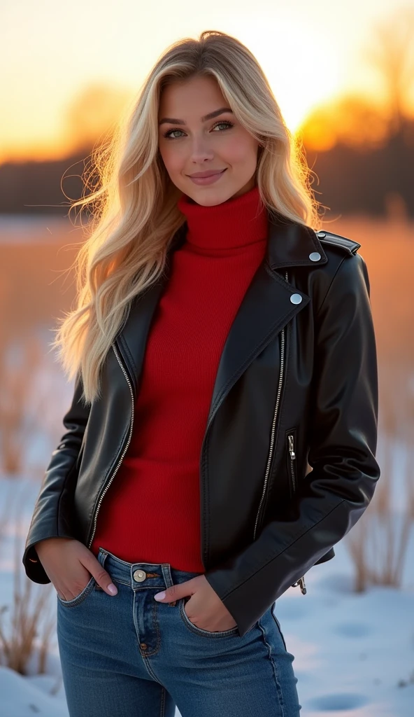 Allie Dunn full body, ultra realistic, meticulously detailed, phot realistic Allie Dunn, blond hair, natural makeup, natural light, natural lighting, natural shadows, no filters, beautiful and detailed eyes, beautiful and detailed face) looking directly to the camera, full body photo, selfie, subtle makeup, stunning full body shot, winter sunset in the background, on a snowy meadow in winter, (wearing jeans, red jumper, black leather jacket:1.2) perfect female body, perfect skin, perfect face.