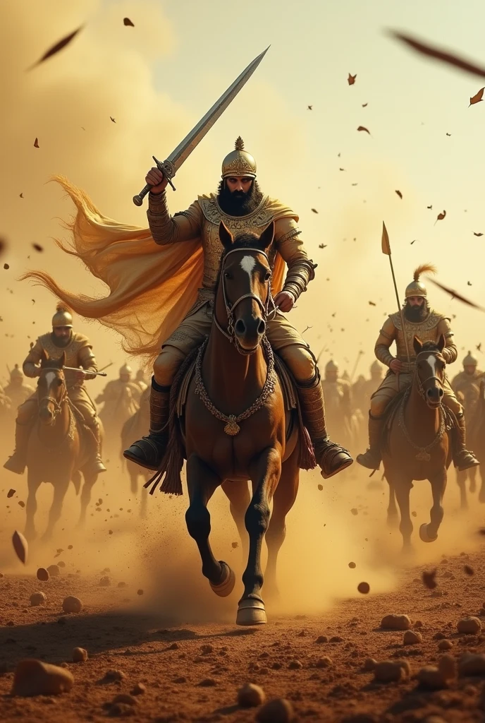 "A chaotic battlefield where Raja Bhoj leads his troops against a massive enemy force. Raja Bhoj is at the forefront, cutting through enemy soldiers with his sword. Dust rises from the ground as soldiers clash, and the scene is filled with the energy of battle—horses galloping, arrows flying, and the clash of steel."