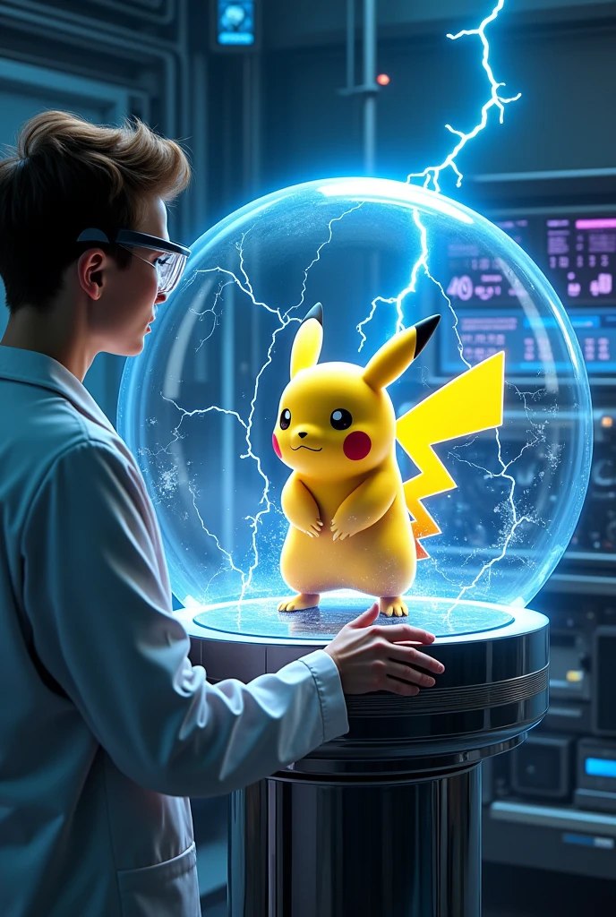 a scientist capturing Pikachu in a transparent glass sphere, Pikachu releasing electric current from its body, the electricity being transferred to a power generator, highly detailed, 8k, photorealistic, intricate details, dramatic lighting, cinematic composition, stunning colors, glowing electricity, glass sphere refracting light, advanced technology, science fiction, epic scale