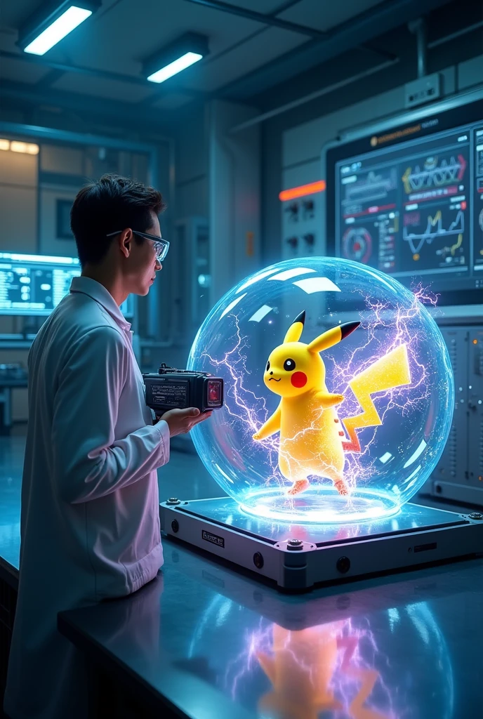 a scientist capturing Pikachu in a transparent glass sphere, Pikachu releasing electric current from its body, the electricity being transferred to a power generator, highly detailed, 8k, photorealistic, intricate details, dramatic lighting, cinematic composition, stunning colors, glowing electricity, glass sphere refracting light, advanced technology, science fiction, epic scale