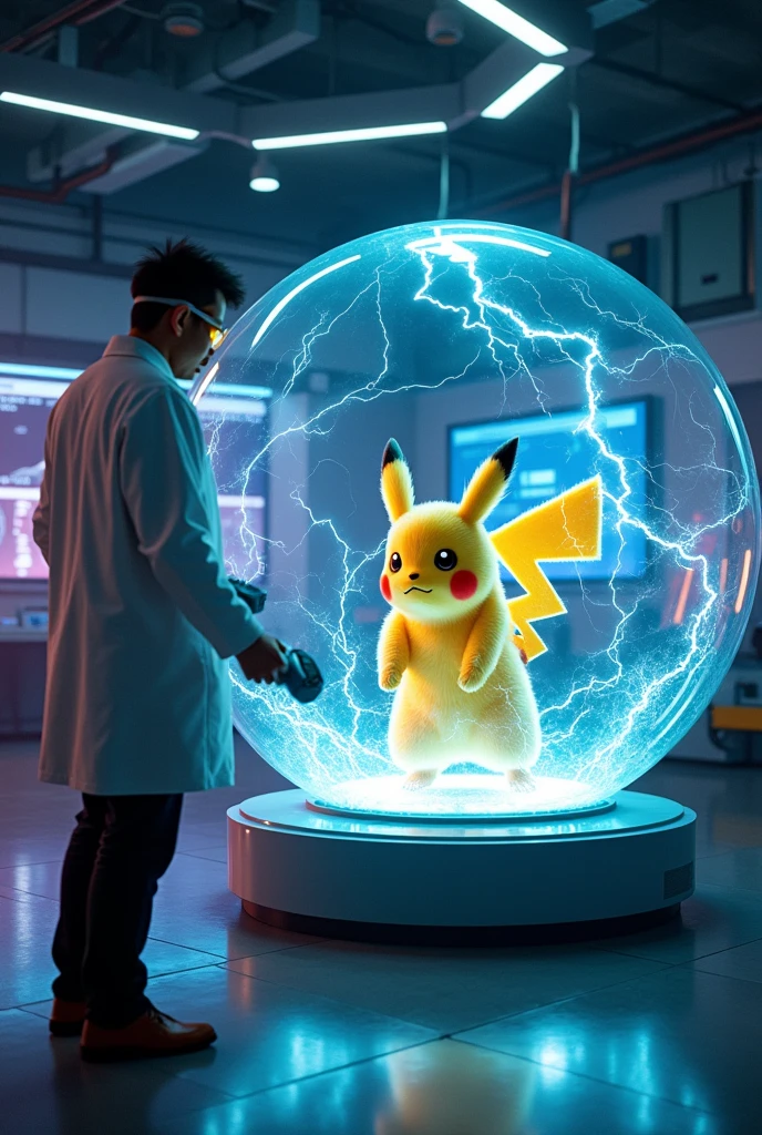 a scientist capturing Pikachu in a transparent glass sphere, Pikachu releasing electric current from its body, the electricity being transferred to a power generator, highly detailed, 8k, photorealistic, intricate details, dramatic lighting, cinematic composition, stunning colors, glowing electricity, glass sphere refracting light, advanced technology, science fiction, epic scale