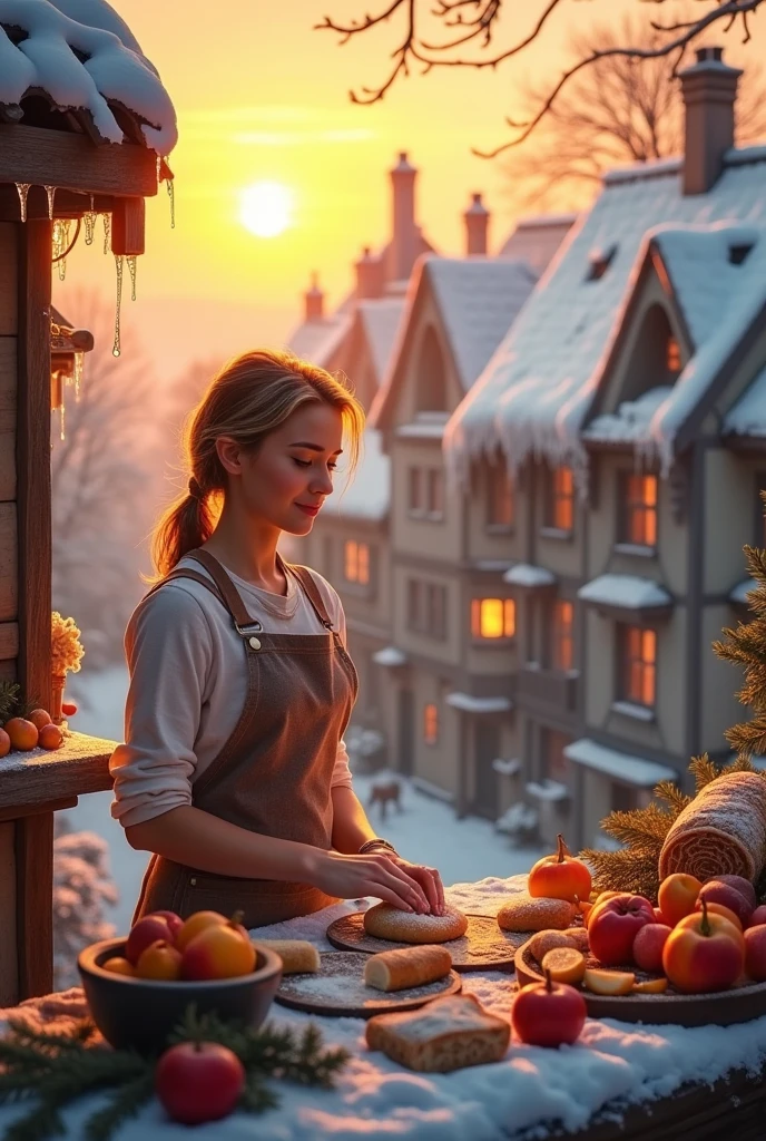 Sunrise over snowcapped a small village with made many foods a young pour lady make it 