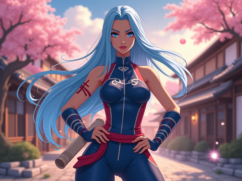 beautiful biracial latina woman, light blue hair, light blue eyes,large breasts, Cosplay of Hokage, naruto suit