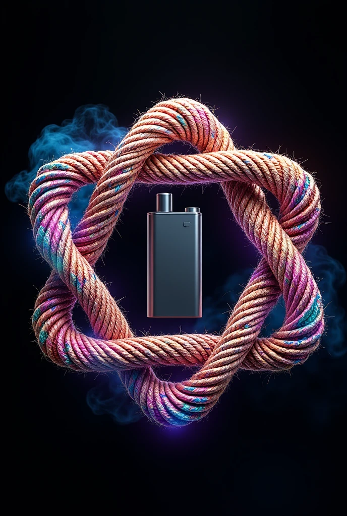 Draw a Hexagonal Chinese knot made of crossed lines of metal wires circular with ≥ 4 with a rectangular vaporizer vaper/square with matte colors (with rounded edges) inside intertwined to the knto, The drawing must be with psychedelic colors with a black background, The rope colors must be psychedelic.
The scale must be square, not rectangular. 
