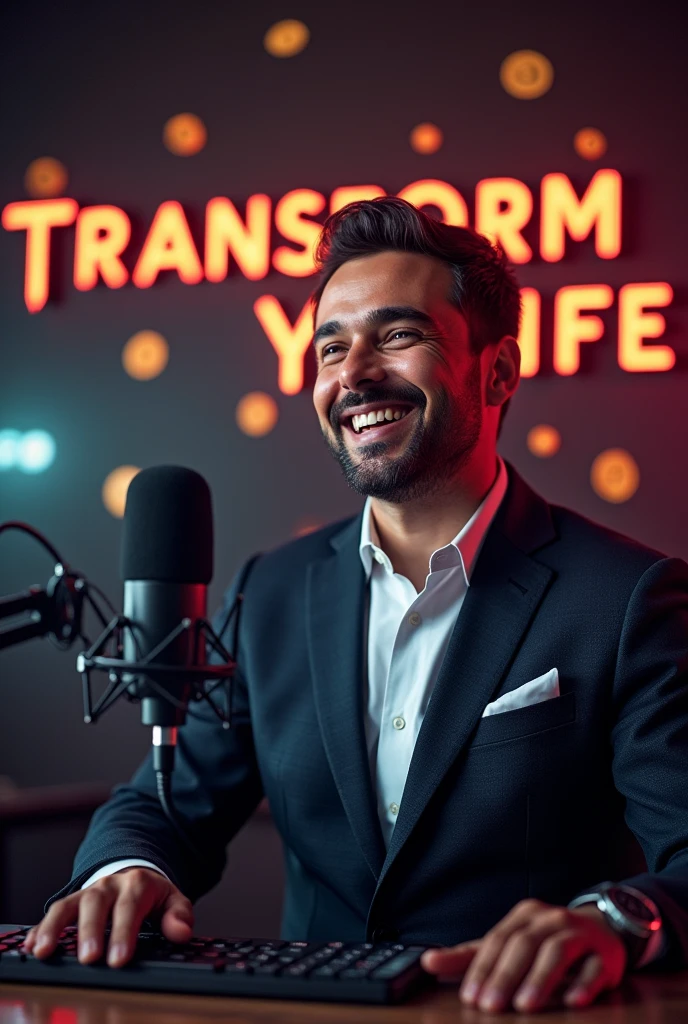 Prompts Copy Prompts Create an image of a successful and happy man, No fundo, a podcast-type studio, with the theme transform your life with a dark YouTube channel in Portuguese and place the symbols of money and YouTube in the image