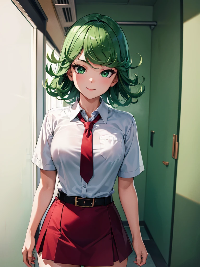 (high res, 8K, masterpiece, looking at viewer, best quality, very aesthetic, ultra detailed, ultra background, ultra Eyes) intricate details, 1girl, Green Short Hair, Green Eyes, short sleeved white shirt, Smile Face, pocket on left chest, wearing a Gray tie, light Blue short skirt, wear a belt, Cinematic angle