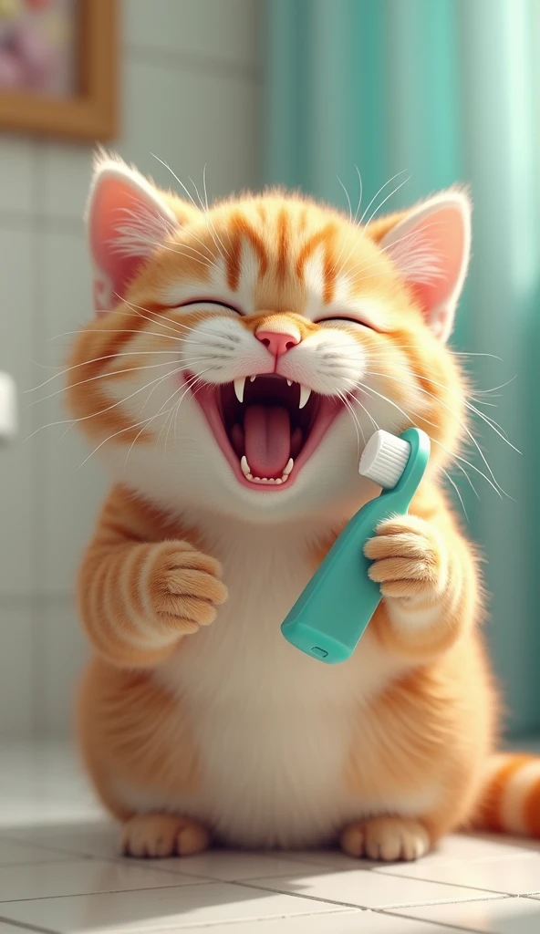 photorrealistic, 64k, cute fat [cat] cleaning his teeth with toothbrush and toothpaste in bathroom