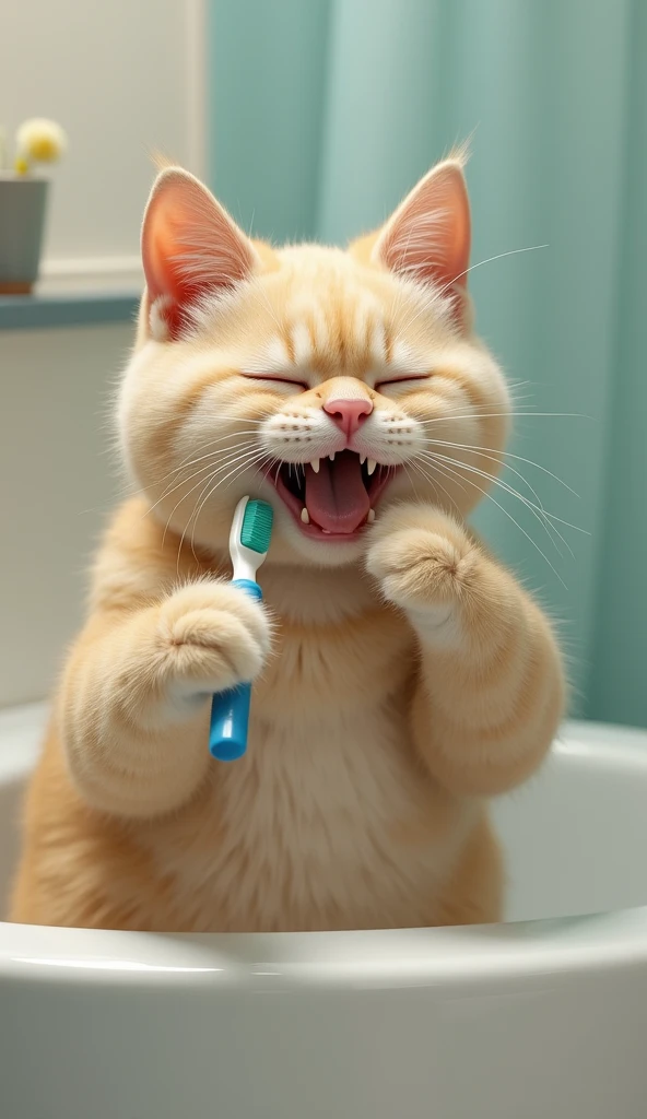 photorrealistic, 64k, cute fat [cat] cleaning his teeth with toothbrush and toothpaste in bathroom