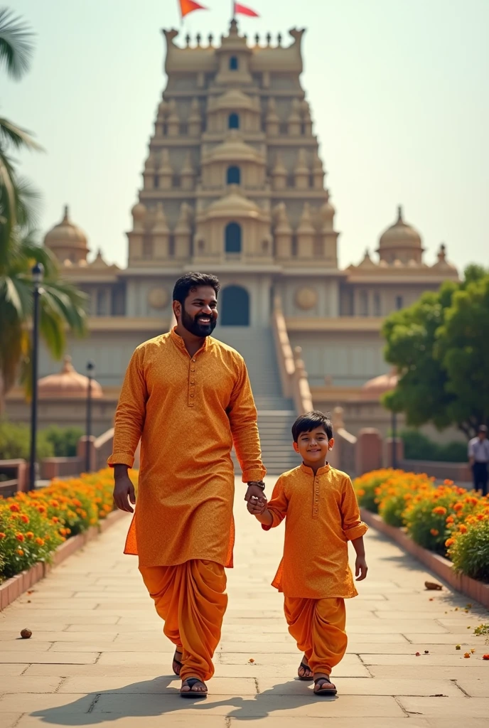 

An desi Indian father and son returning from a temple. Background a indian temple 