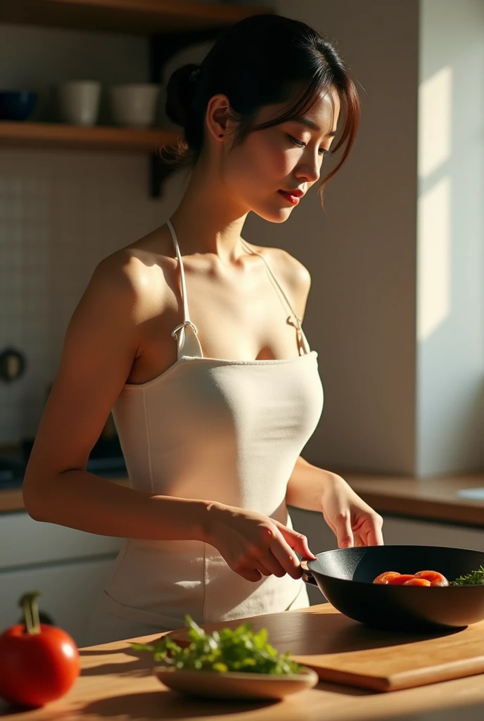A naked Japanese woman is cooking in the kitchen with a frying pan under natural light。A close-up of her chest and calm expression.、It shows her inner peace and outer charm.。