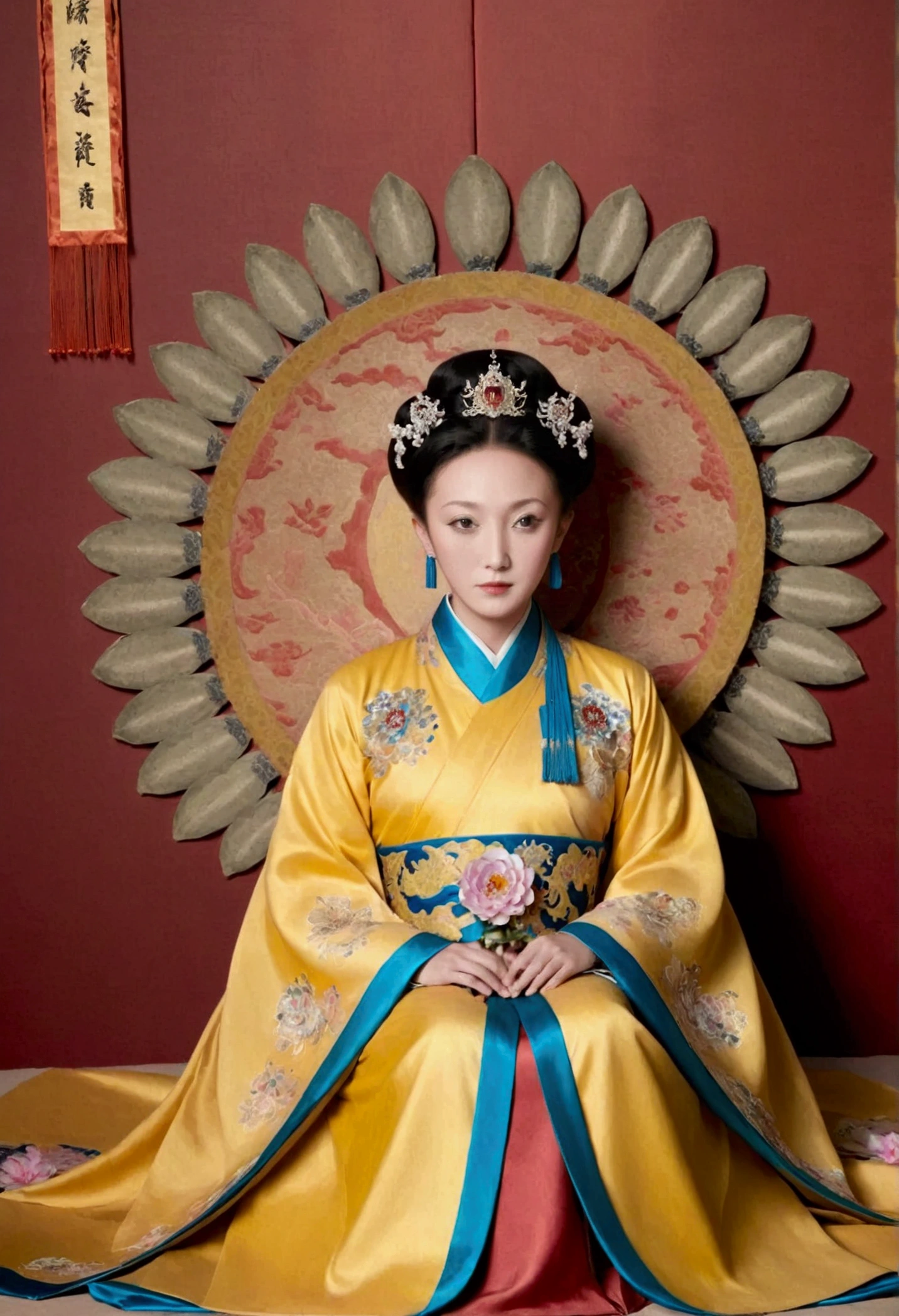 From the pre-Qing period, The Empress sits naked on a large golden sofa in the palace, Her legs were spread, At the Chinese court during the Qing Dynasty, Empress of the Qing Dynasty, Wearing the great crown of the Chinese Empress, Belly and thighs visible from below.。She is completely naked, Showing off gorgeous large flowers and hairpins, She tied her hair up and pulled it up, 背景はEmpress of the Qing Dynastyの豪華な宮殿.