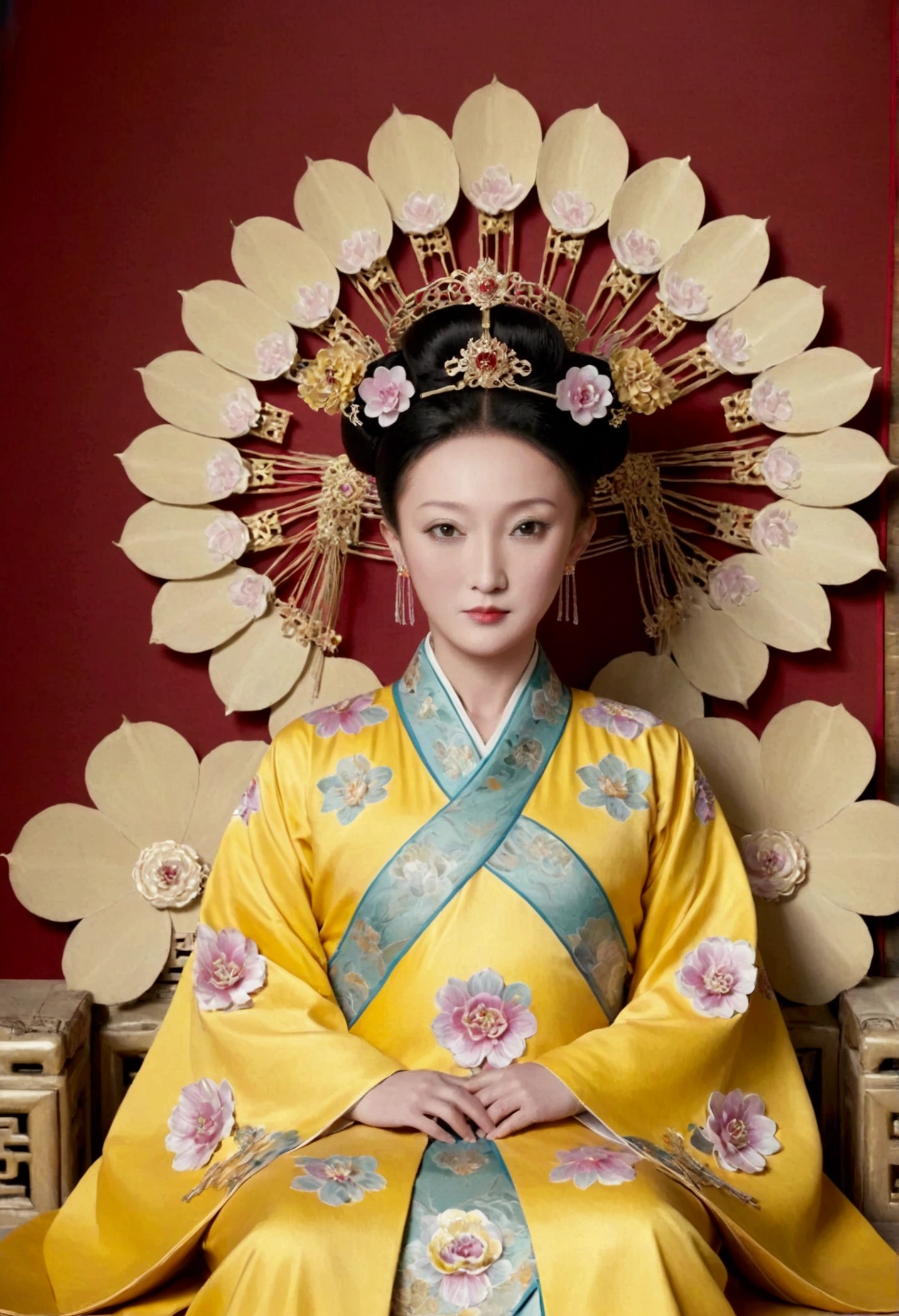 From the pre-Qing period, The Empress sits naked on a large golden sofa in the palace, Her legs were spread, At the Chinese court during the Qing Dynasty, Empress of the Qing Dynasty, Wearing the great crown of the Chinese Empress, Belly and thighs visible from below.。She is completely naked, Showing off gorgeous large flowers and hairpins, She tied her hair up and pulled it up, 背景はEmpress of the Qing Dynastyの豪華な宮殿.
