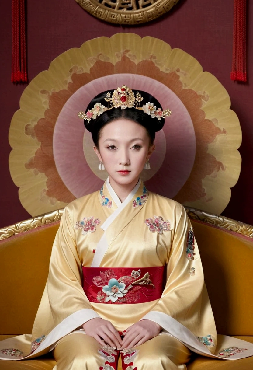 From the pre-Qing period, The Empress sits naked on a large golden sofa in the palace, Her legs were spread, At the Chinese court during the Qing Dynasty, Empress of the Qing Dynasty, Wearing the great crown of the Chinese Empress, Belly and thighs visible from below.。She is completely naked, Showing off gorgeous large flowers and hairpins, She tied her hair up and pulled it up, 背景はEmpress of the Qing Dynastyの豪華な宮殿.