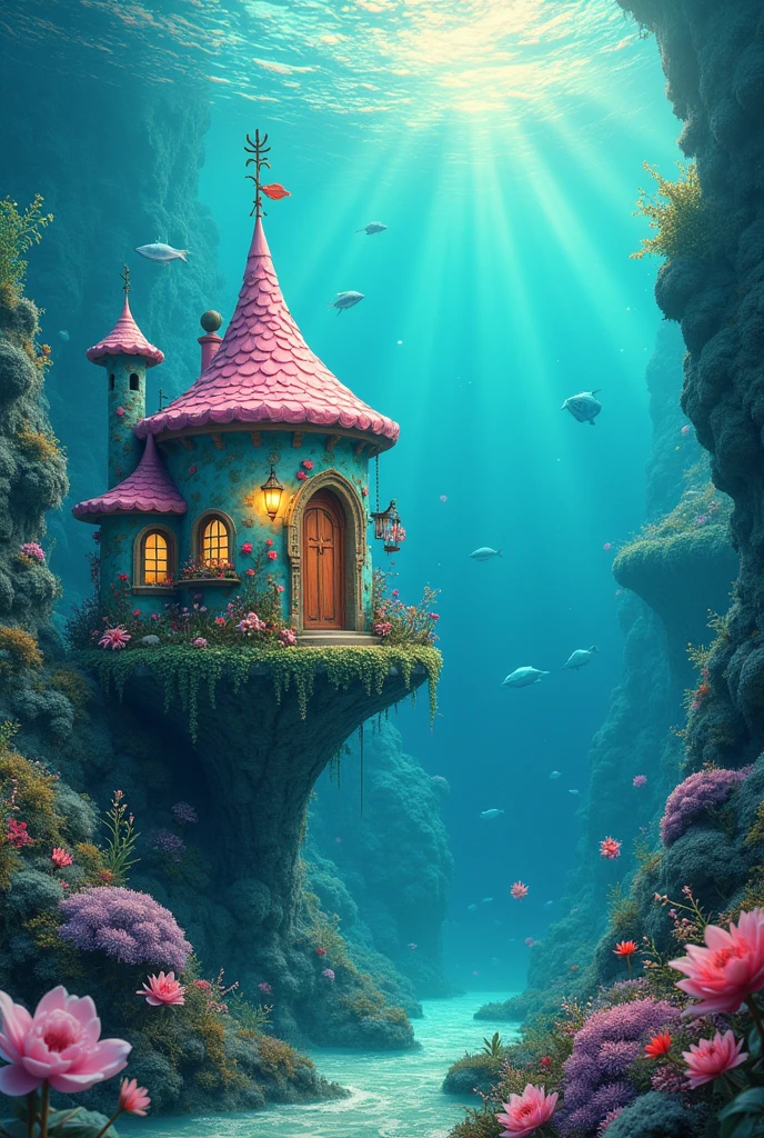 color (fantasy: 1.2), (Miyazaki style), (Irregular buildings floating on the sea), Patchwork cottage, Floral Decoration, lamp, Concept art inspired by Andreas Rocha, Artstation Contest Winners, fantasy art, (Underwater city), Ross Chen, Optical axis, Realistic lighting, masterpiece, high quality, Beautiful graphics, High Detail, masterpiece, high quality, Beautiful graphics, High Detail, 