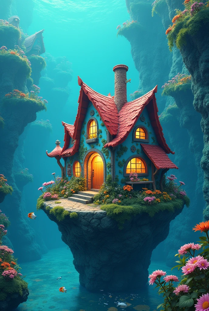 color (fantasy: 1.2), (Miyazaki style), (Irregular buildings floating on the sea), Patchwork cottage, Floral Decoration, lamp, Concept art inspired by Andreas Rocha, Artstation Contest Winners, fantasy art, (Underwater city), Ross Chen, Optical axis, Realistic lighting, masterpiece, high quality, Beautiful graphics, High Detail, masterpiece, high quality, Beautiful graphics, High Detail,