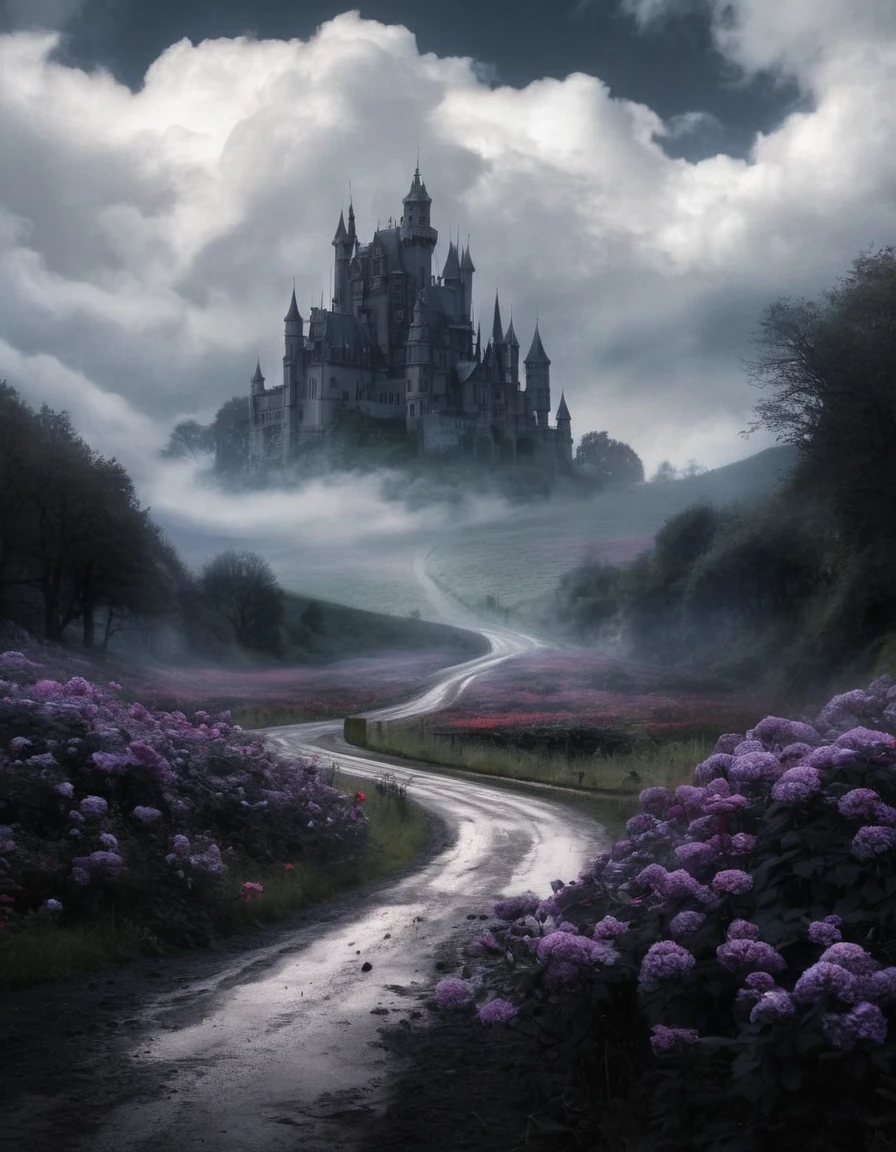 A gothic castle from afar and a road to the castle and in the both side of the road there are red flowers. There are a lot of clouds and it seems like this place is haunted.