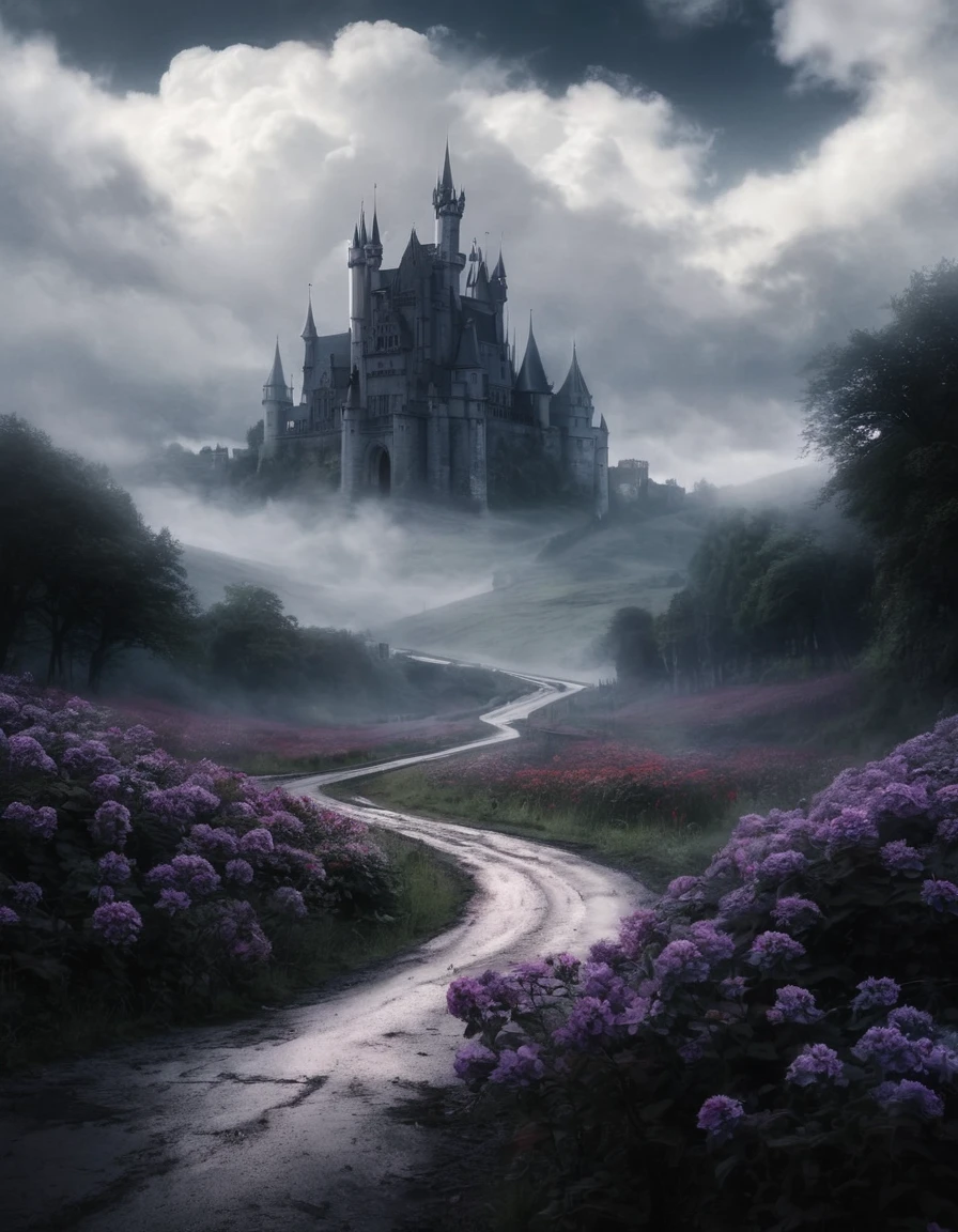 A gothic castle from afar and a road to the castle and in the both side of the road there are red flowers. There are a lot of clouds and it seems like this place is haunted. 