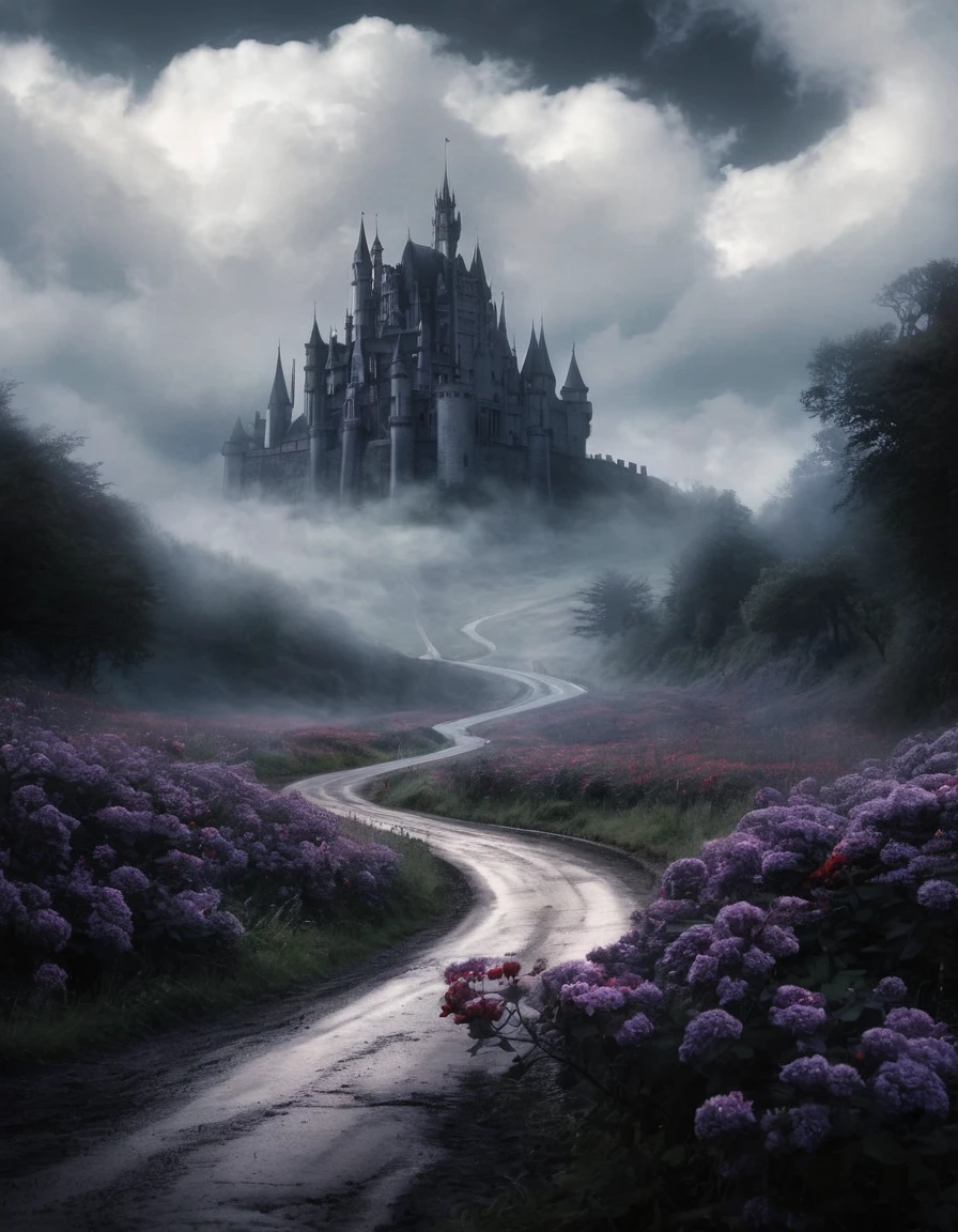 A gothic castle from afar and a road to the castle and in the both side of the road there are red flowers. There are a lot of clouds and it seems like this place is haunted. 