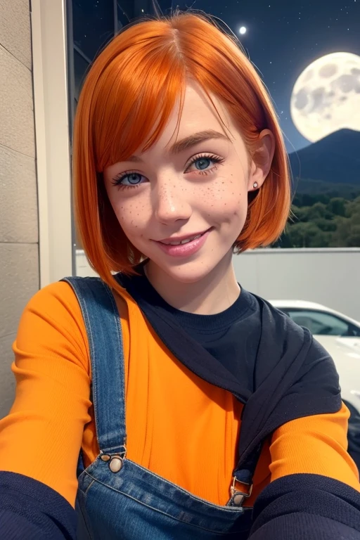 1girl, sxfrances, short hair, orange hair, green eyes, freckles, smile, red overalls, blue shirt, roll up sleeve, mountain, moon, (night:1.5), looking at viewer 