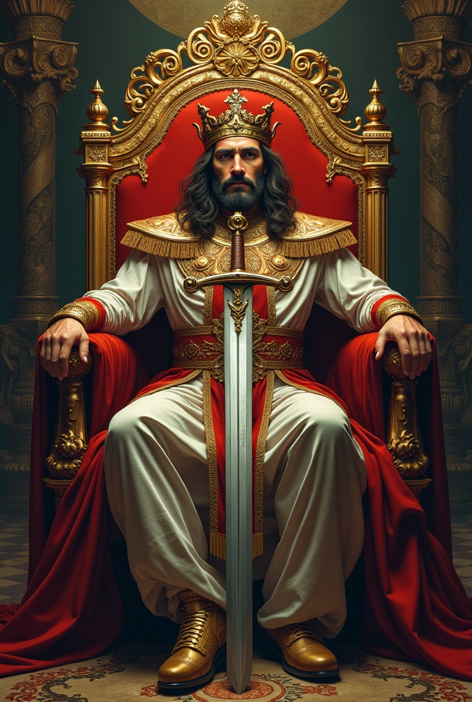 (masterpiece, masterpiece), Tarot Card, Card, (Exquisite facial features), Male emperor, crown, sword, Sitting on the throne, Serious expression, 8K, Intricate details, (Digital Artwork)