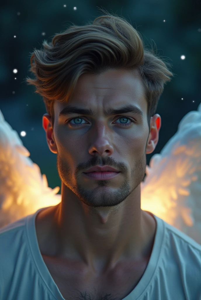A frontal shot of a handsome, Caucasian adult angel from the shoulders up under the stars
