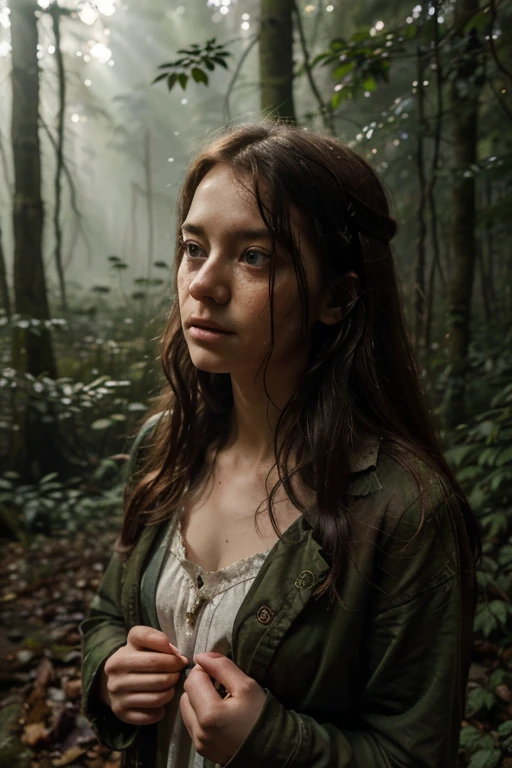 A young girl lost in a dense forest, with an expression of confusion and fear on her face. She is wearing tattered and dirty clothes suited for a forest environment. Her hair is messy, and she looks exhausted. The forest around her is dark and mysterious, with towering trees and thick foliage creating a sense of despair. Soft rays of light filter through the branches, highlighting details like vines, fallen leaves, and a faint mist that adds an enigmatic touch to the scene