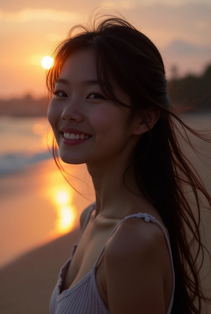 Asian girl at the beach,night,Warm light vs. cool light