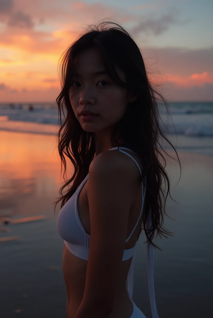 Asian girl at the beach,night,Warm light vs. cool light