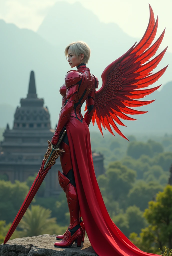 (masterpiece, best quality), futuristic soldier, korean beauty like tae yon, blue eyes, blonde short hair, full red mate titanium armor with old relic motif, mechanical steel detail wings, holding angelic fantasy sword, bright smile, wear angelic boot, smal light armor on arm and leg with old javanese relic motif, standing on top the hill with old borobudur temple seen on far away,uhd. use the RenderMan renderer.digital art. High definition, high contrast, high color saturation, 3d,128k,cinematic lighting, intricate,cinematic lens, advertising photograph,ultra detail. Wallpaper size.