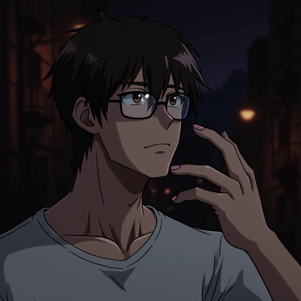 With glasses, dark brown hair, athletic body, glasses that match his figure, casual clothes, mysterious, handsome, and a touch of anime drawings