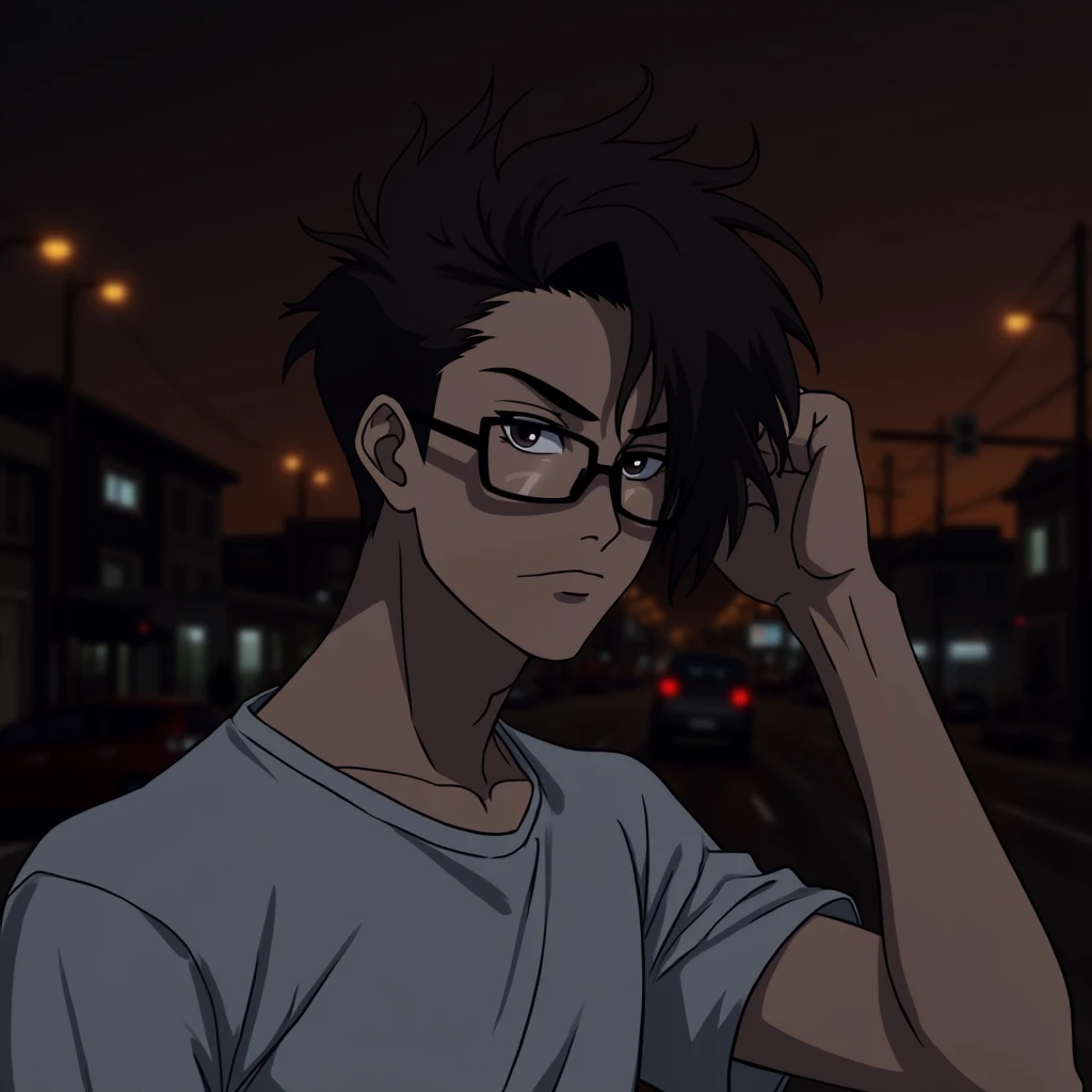 With glasses, dark brown hair, athletic body, glasses that match his figure, casual clothes, mysterious, handsome, and a touch of anime drawings 
