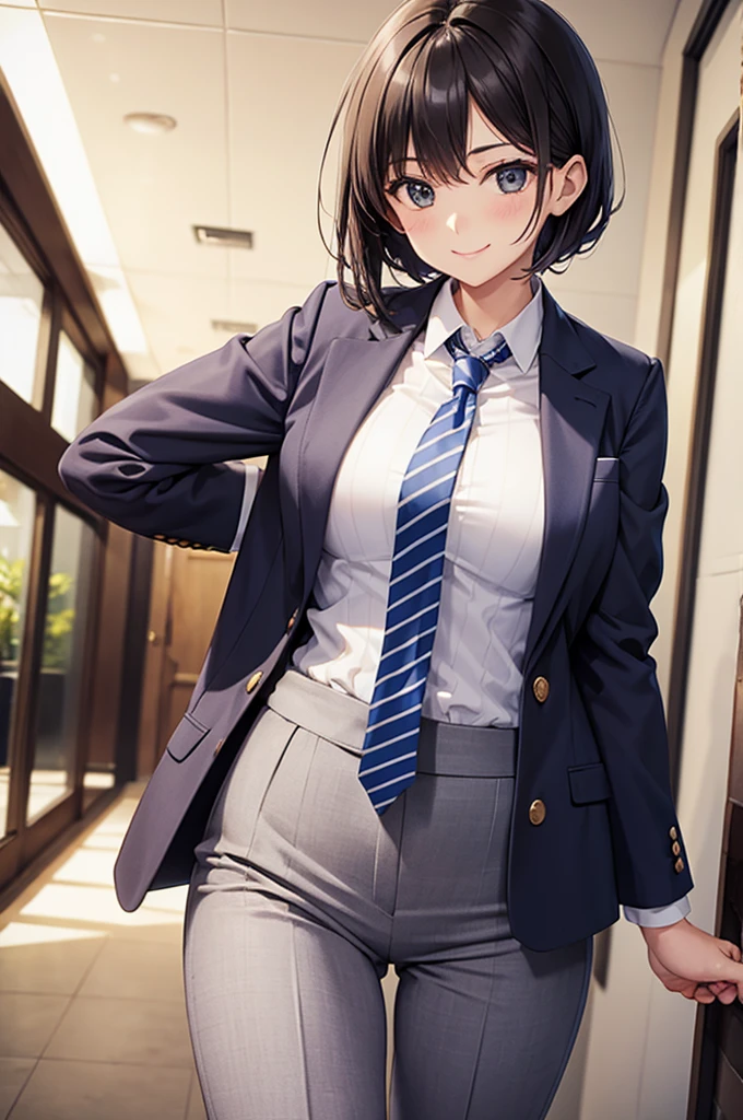 Woman in striped suit smile tie