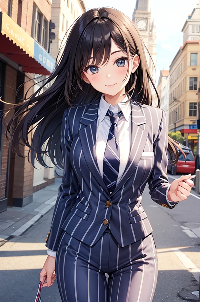 Woman in striped suit smile tie