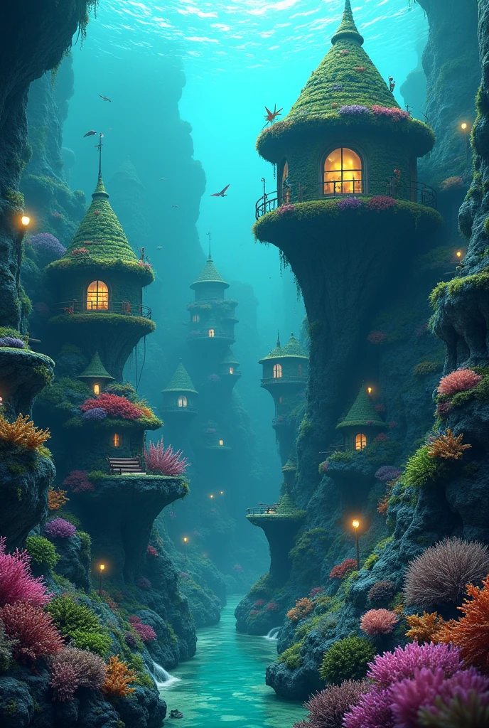 color (fantasy: 1.2), (Miyazaki style), (Irregular buildings floating on the seabed), Patchwork cottage, Moss decorations, coral, lamp, Concept art inspired by Andreas Rocha, Artstation Contest Winners, fantasy art, (Underwater city), Ross Chen, Optical axis, Realistic lighting, masterpiece, high quality, Beautiful graphics, High Detail, masterpiece, high quality, Beautiful graphics, High Detail, 