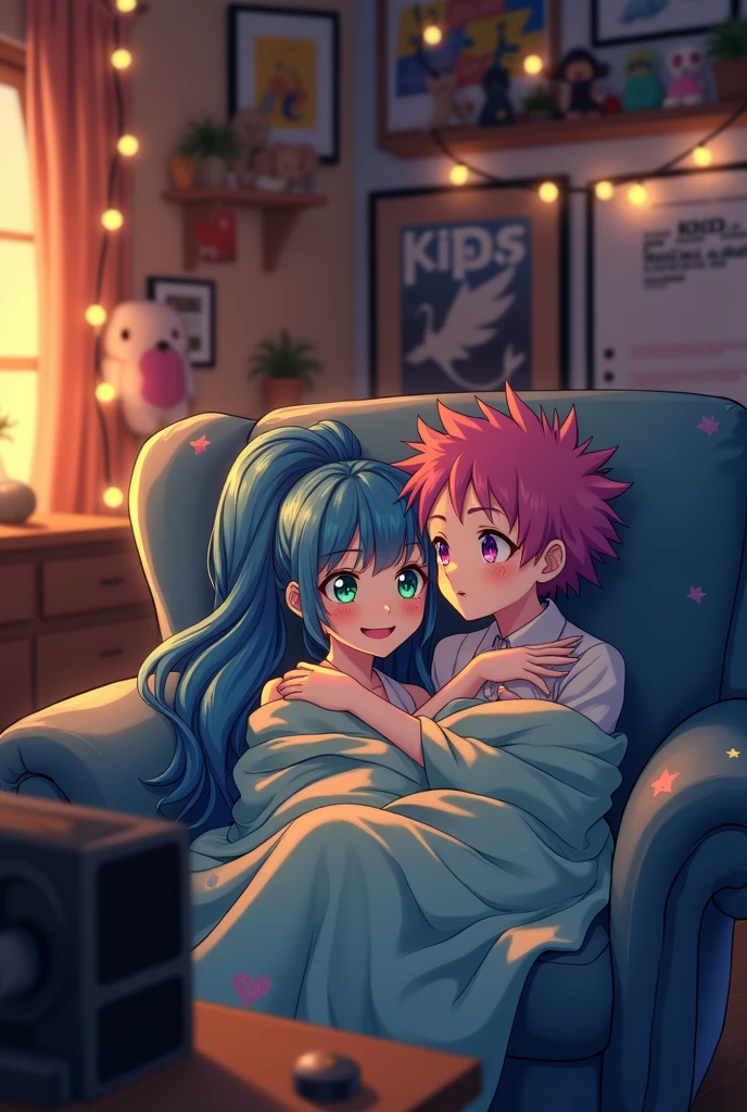 A couple watching a movie from an armchair and I want the image to have an anime style

