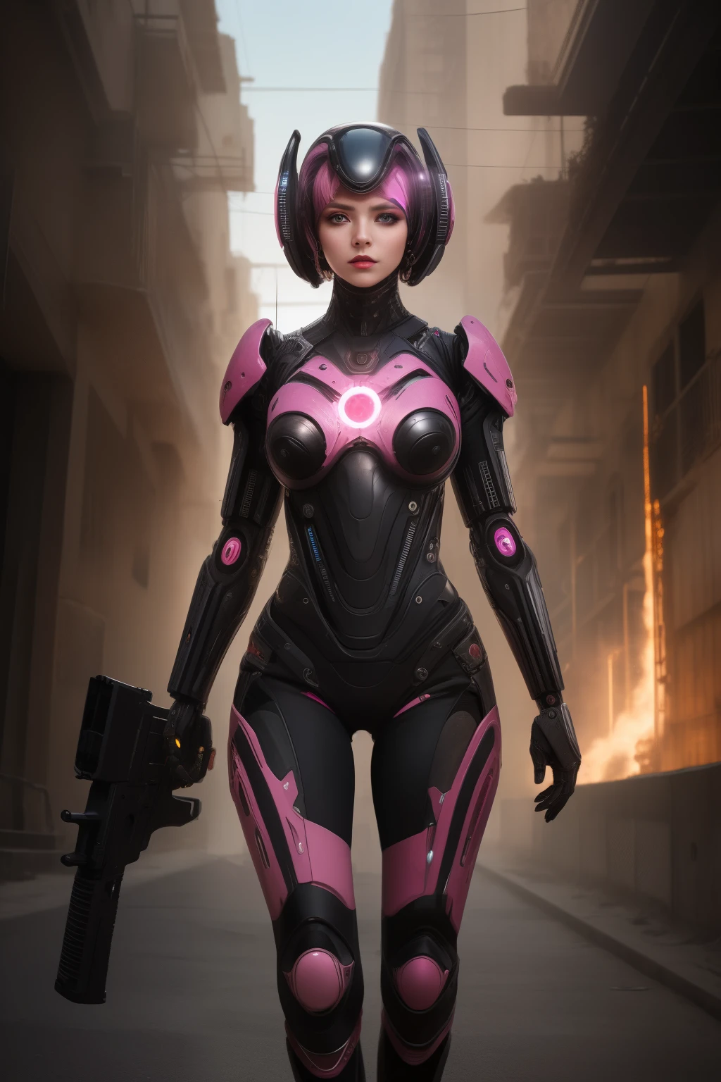 female, pink exoskeleton, imposing female humanoid who has android parts + human face + female features + middle east features + dark skin + large gun + hd photography, futuristic elements, cinematic, old building, plenty of solar light, close