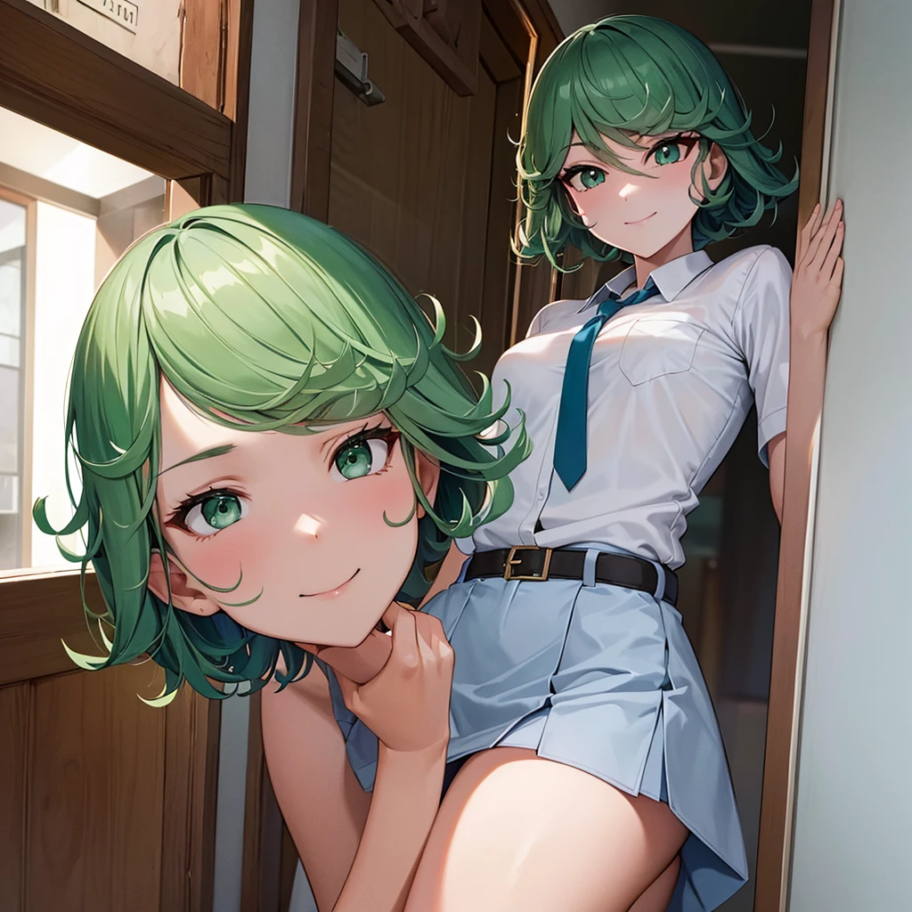 (high res, 8K, masterpiece, looking at viewer, best quality, very aesthetic, ultra detailed, ultra background, ultra Eyes) intricate details, 1girl, Tatsumaki, Chibi, body straight and arms sideways facing the camera, Green Short Hair, Green Eyes, short sleeved white shirt, Smile Face, pocket on left chest, wearing a Gray tie, light Blue short skirt, wear a belt, Background school hallway, School, Cinematic Angle