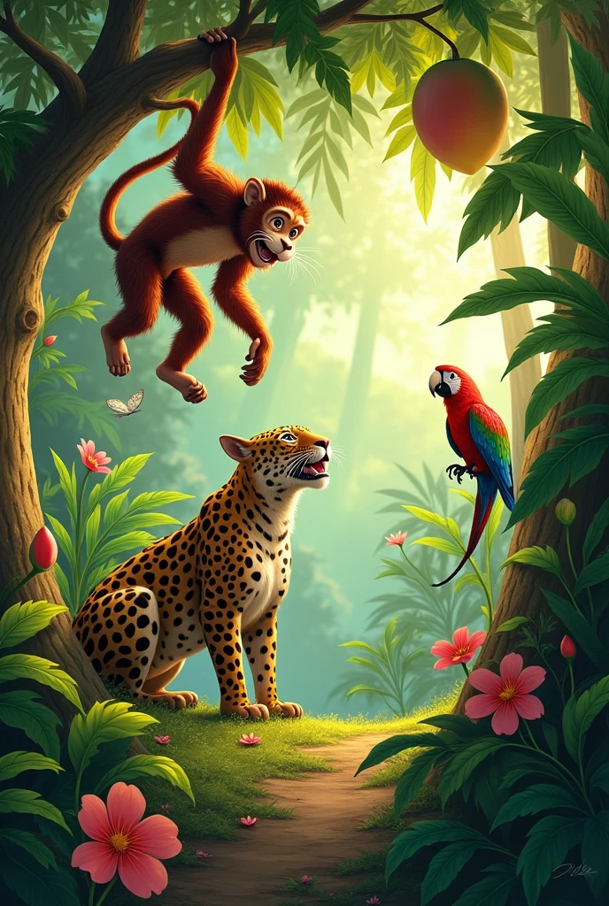 I need realistic images for my story:
One day the monkey said: "Let's Play!
Let's invite everyone, It will be spectacular!"
The jaguar accepted, the parrot too,
And the lazy one, although slow, .