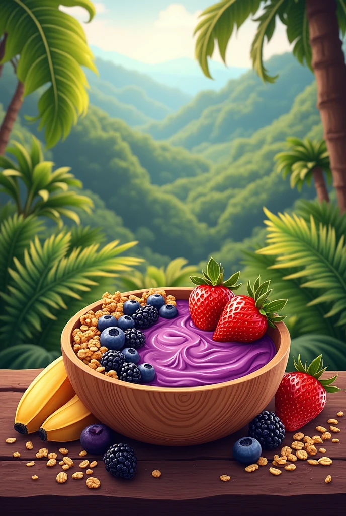 Create a vibrant digital illustration,Depicting a traditional Pará landscape,Focus on a bowl of acai berries。, A popular dish from the northern region of Brazil. Illustrations should be semi-realistic or 3D. Very creamy acai. Surround the environment with various fruits, banana, strawberry, flour, Granola. Capture the vibrant colors and textures of items