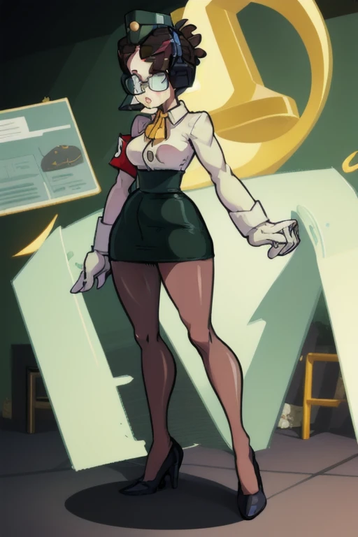 A woman,Wear a white shirt,black miniskirt,black stockings