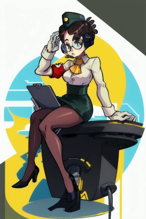 mollySG, 1girl, brown hair, short hair, black eyes, glasses, round eyewear, garrison cap, headphones, white shirt, long sleeves, ascot tie, yellow tie, armband, white gloves, green skirt, pencil skirt, pantyhose, shoes, high heels