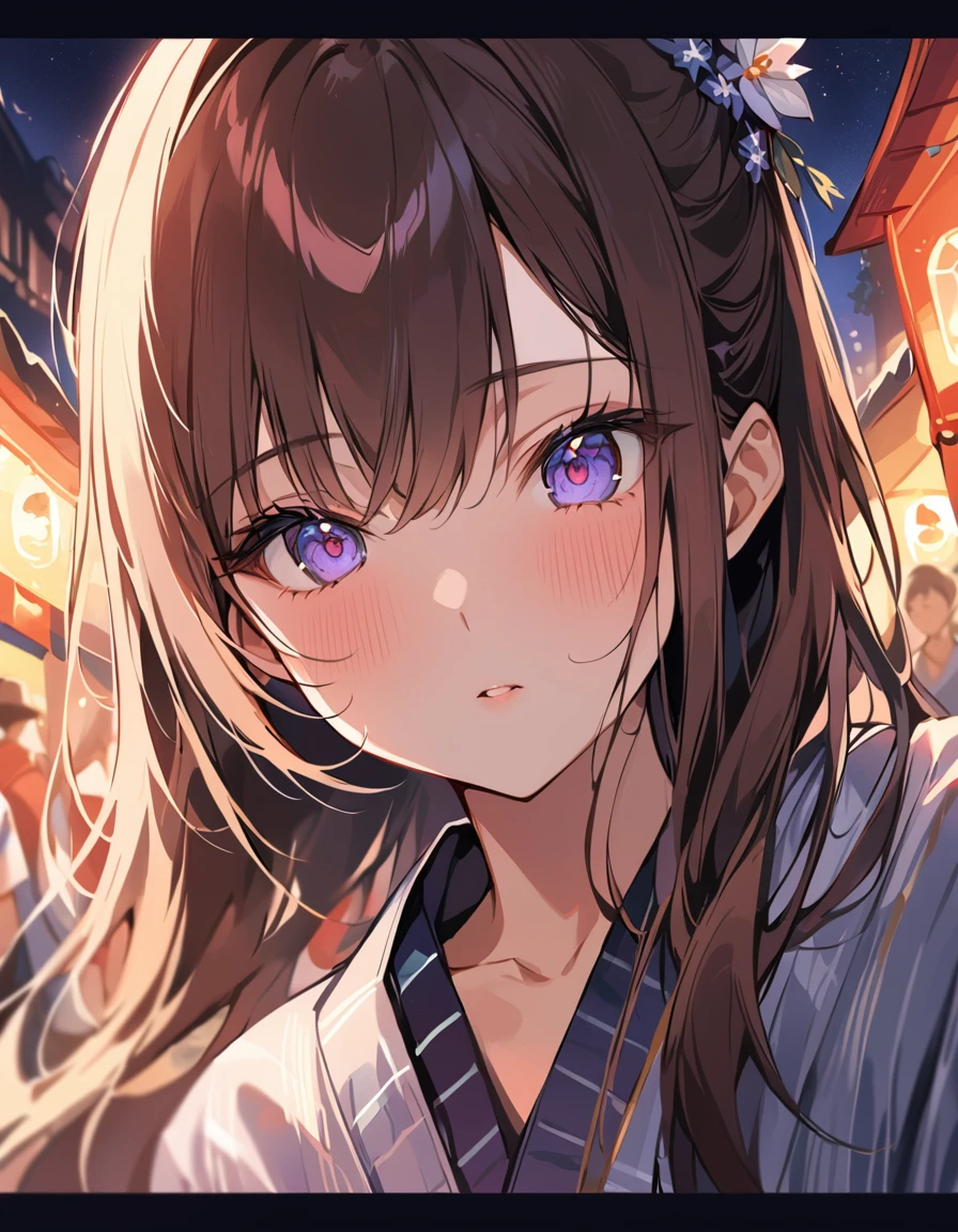 (masterpiece:1.2),(anime),girl、cute、long Hair、ponytail、hair ornaments、Girl wearing yukata,Night stalls、Festivals、summer night、Light production、Beautiful artwork、Detailed drawing、A Scene of Youth,Close-up, Close-up portrait of a girl looking directly into the camera lens, extreme close-up, facial features in sharp focus, intense eye contact, wide-angle lens effect, slightly distorted perspective