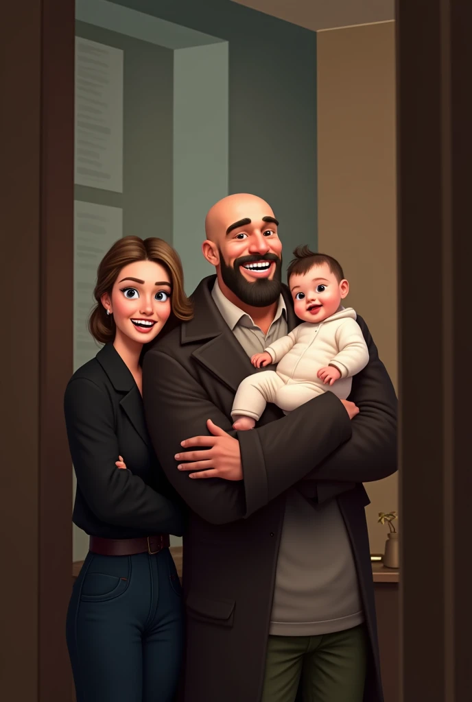 family of 3 people, an adult couple and an 8-month-old baby. The father is in the center, he is the tallest, big and strong, full shaved bald hair and has a medium black Viking-style beard, with light brown eyes and a big smile. The father is holding the 8-month-old baby in his left arm. The eight-month-old baby has dark blond hair and big dark blue eyes. The mother has light brown hair and light brown eyes, her hair tied up and a beautiful smile, she is very beautiful and elegant. Character should be colorful and have a fun, friendly look, with exaggerated, expressive features. Pixar style. use the photo as a perfect copy of the family.