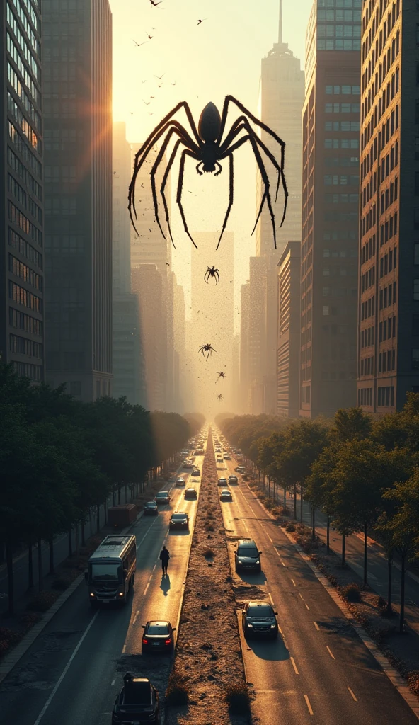 Image In the city in the morning in the middle of the road tall buildings . Top view looking down on the road The scene is shaking There is a deep crack under the road .underground space cracks hundreds of giant spiders crawled out from the cracks including spiders as big as cars from the gate, giant spiders, taller than the building, tràn ra và bắt đầu tấn công thành phố. They cover the buildings with cobwebs., vehicles and streets, cause chaos.