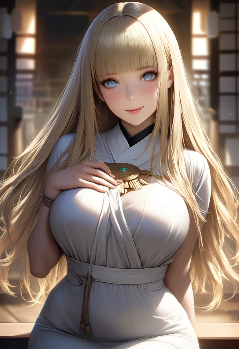 (masterpiece:1.2, Highest quality), (Realistic, photoRealistic:1.4), Beautiful illustrations, (Natural Side Lighting, Cinema Lighting), Looking at the audience, Upper Body, (Front view), 1 person, Perfect Face, Glowing Skin, Face, Long eyelashes, (Large Breasts), (Wide Hips),Beautiful Hair, Beautiful Face, Fine and beautiful eyes, Beautiful body, Beautiful breasts, Beautiful thighs, Beautiful legs, Beautiful fingers,(Beautiful views),(Cute Smile:1.2, Upper Eye),beautiful girl,Perfect body line,(Blonde:1.5),(Brown Skin:0.5),(Plump:0.7),(Hime cut:1.2),A fantastic atmosphere, Calm palette, Calm mood, Soft Shading, Shrine maiden, incantation, Amulet Familiar, Shrine maidenの務め,(Clothes that fit snugly around the chest:1.2),(Side bust:1.2),