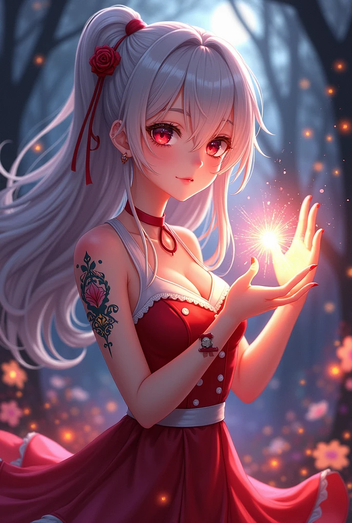 A anime girl with red and white dress And her eye is red .Magical power in her hand And her hair is white and black Beautiful tattoo in her and and a magical triangle ring in her wrist .