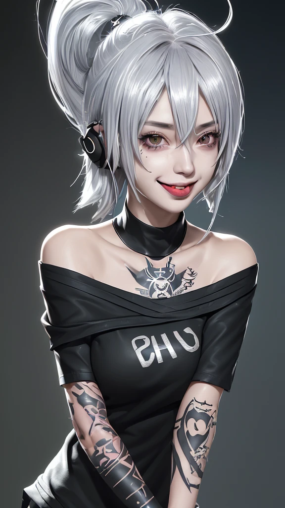 One person, chest, solo, Long Tongue, Crazy smile, It's crazy, Shortcuts, Ahoge, Silver Hair, 8k octane, Anime Style, off-the-shoulder black shirt、Tattoo on the neck、Tattoo on the arm、earphone, Glamorous figure, tongue out,
